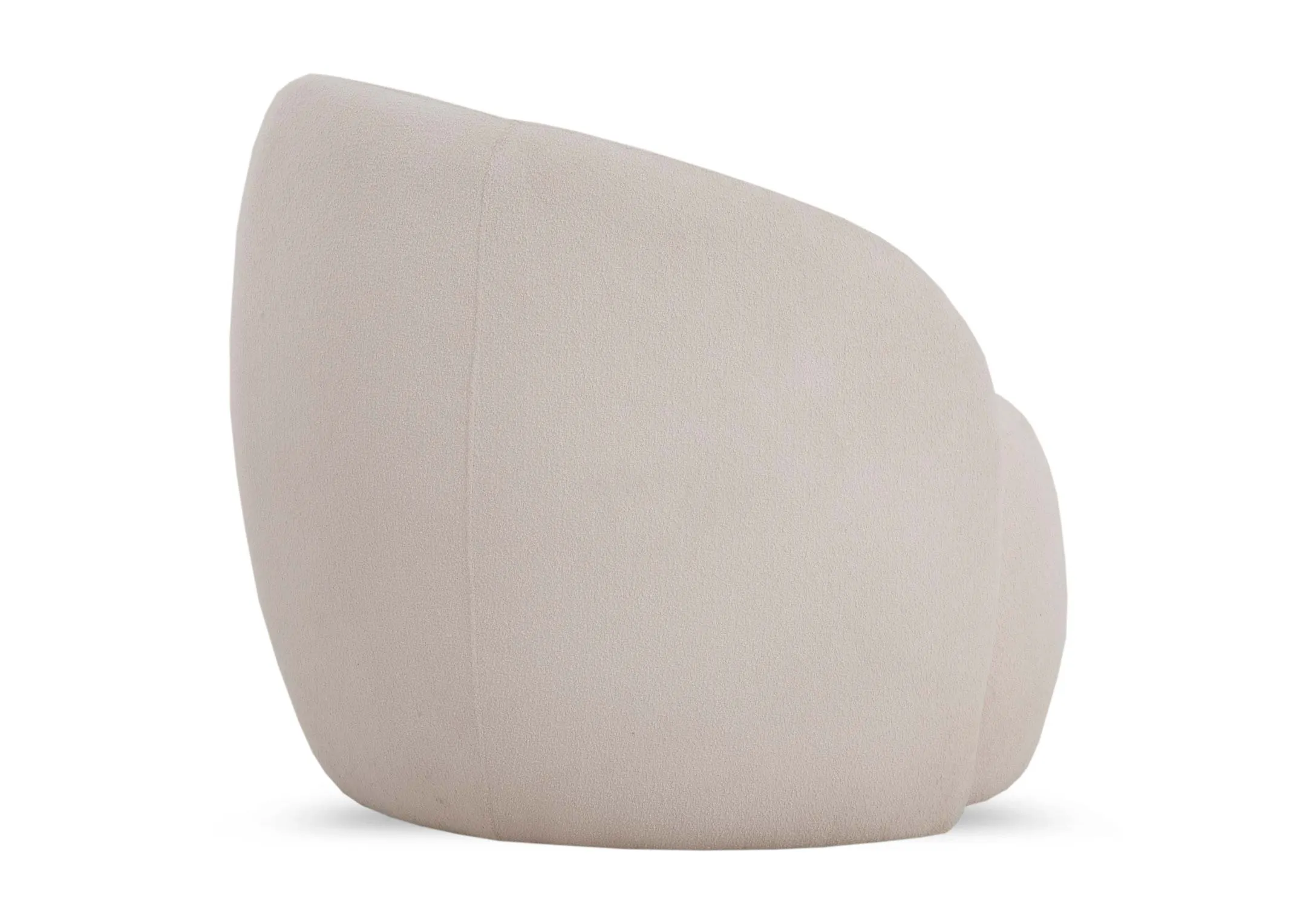 An off white boucle fabric accent chair from EZ Livings Florance Range. Side view of arched arms