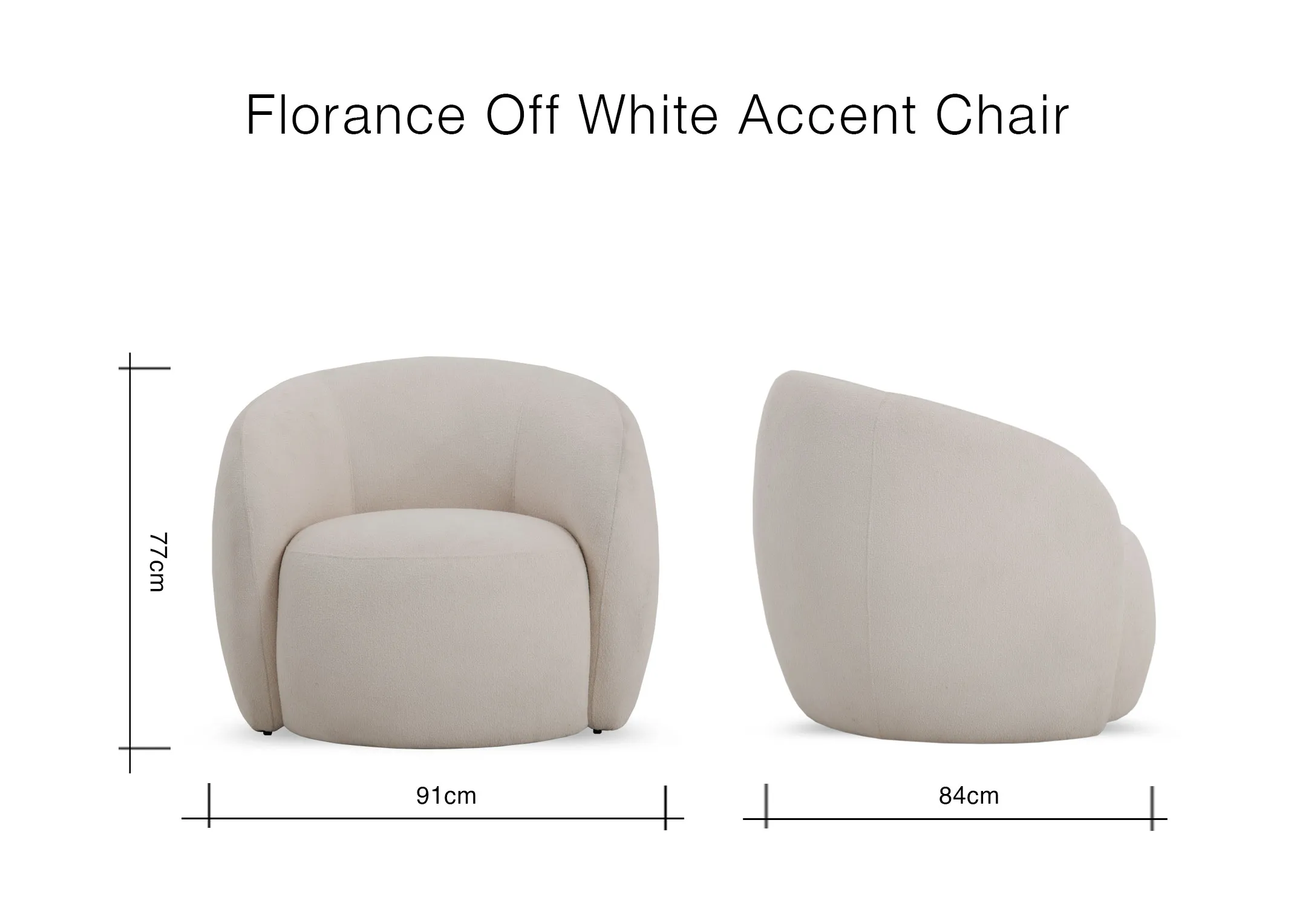 A dimension image of the Florance Off white chair with 91cm x 84cm x 77cm
