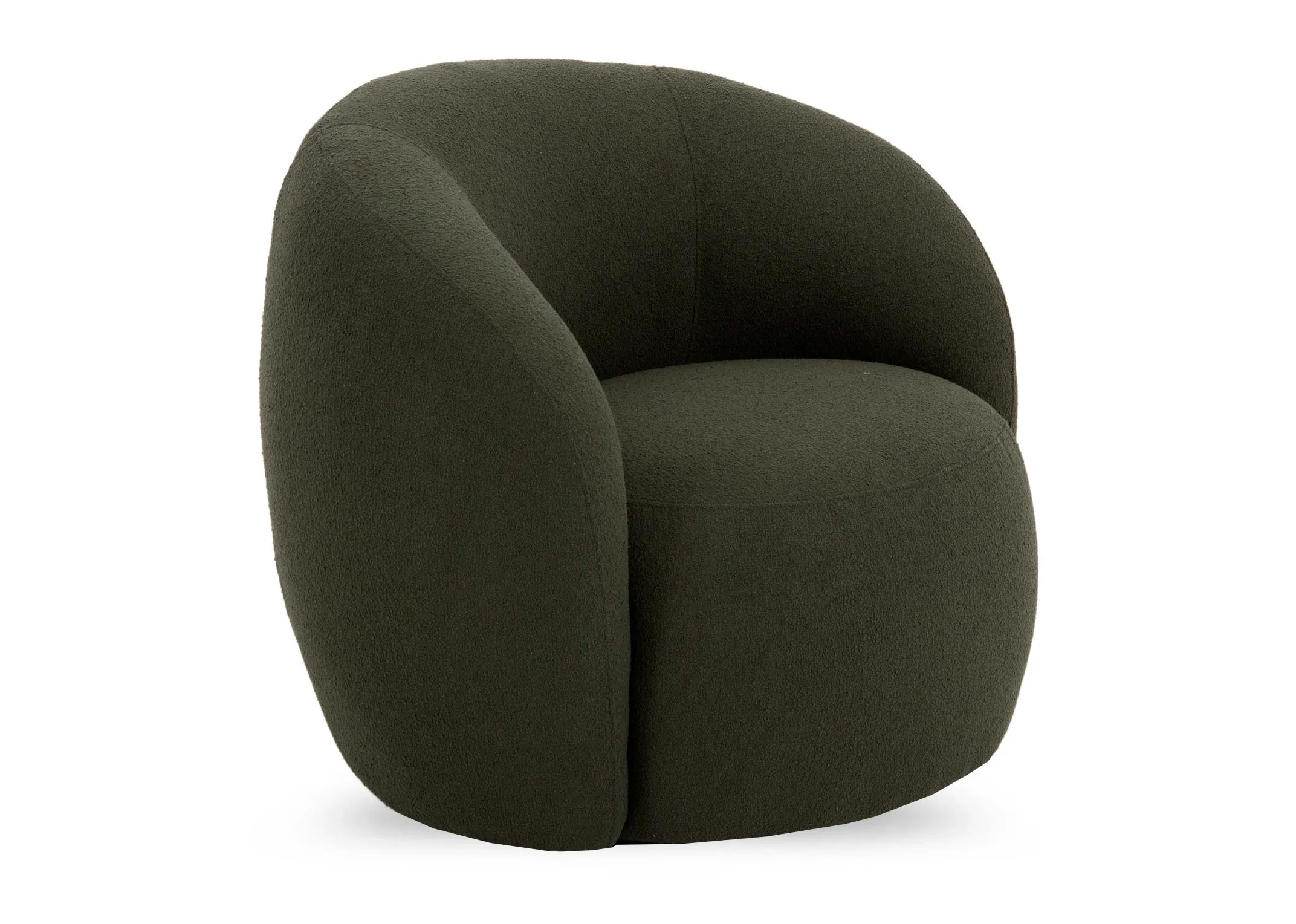 A green boucle fabric accent chair from EZ Livings Florance Range. Angled view of round arched chair
