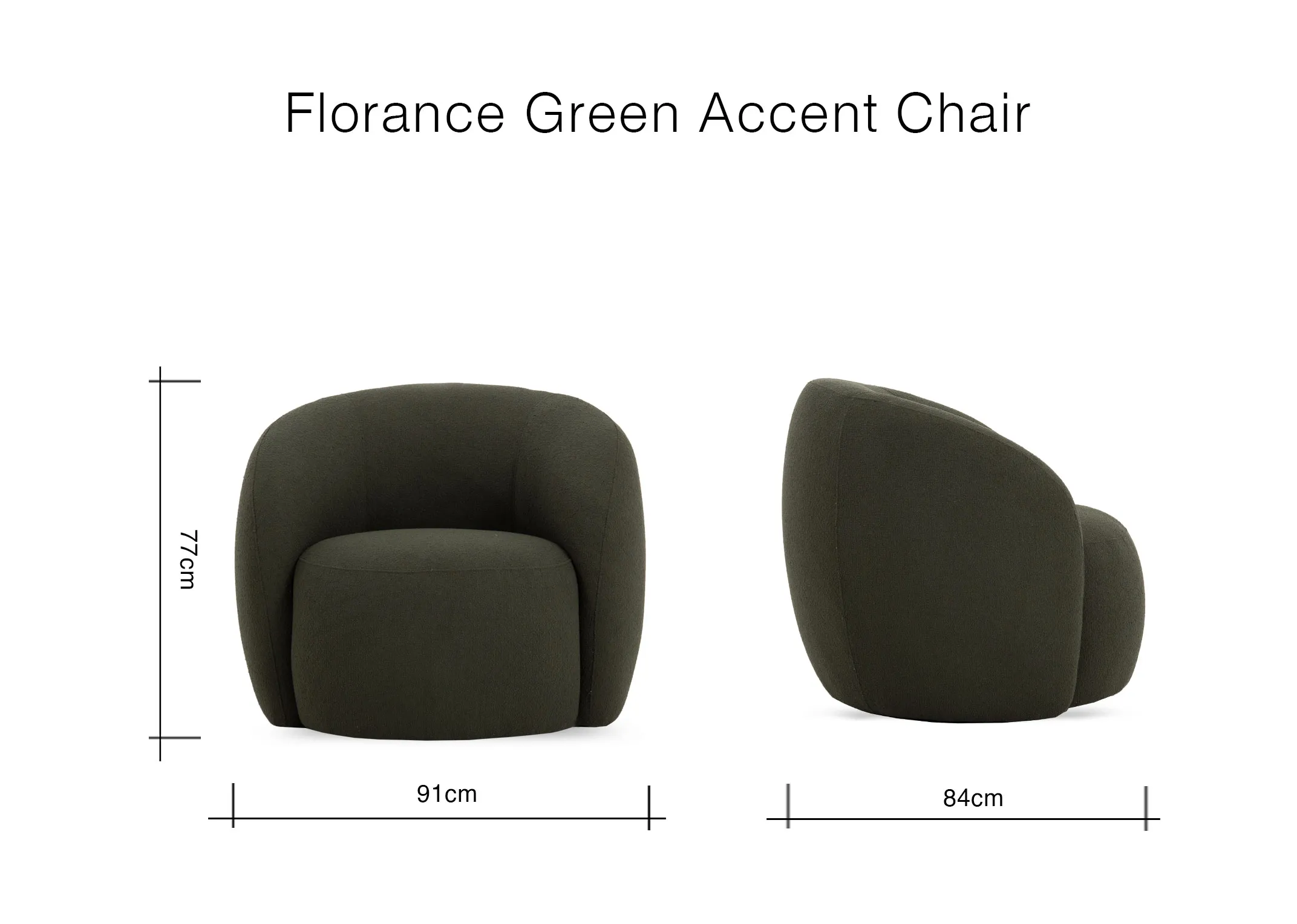 A dimension image of the Florance accent chair with 91cm x 94cm x 77cm