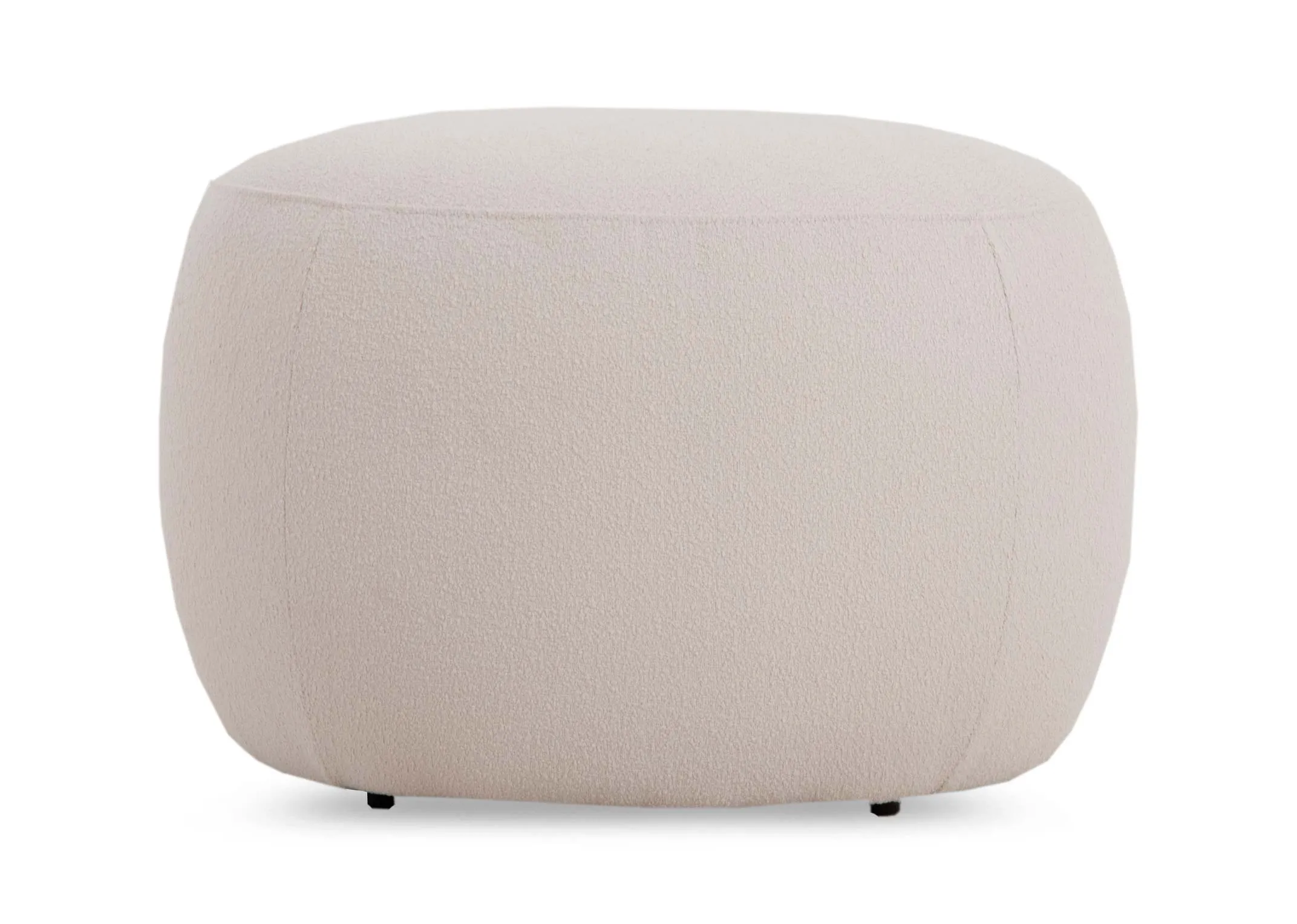 An off white round footstool from EZ Livings Florance range. Front view of small rubber feet