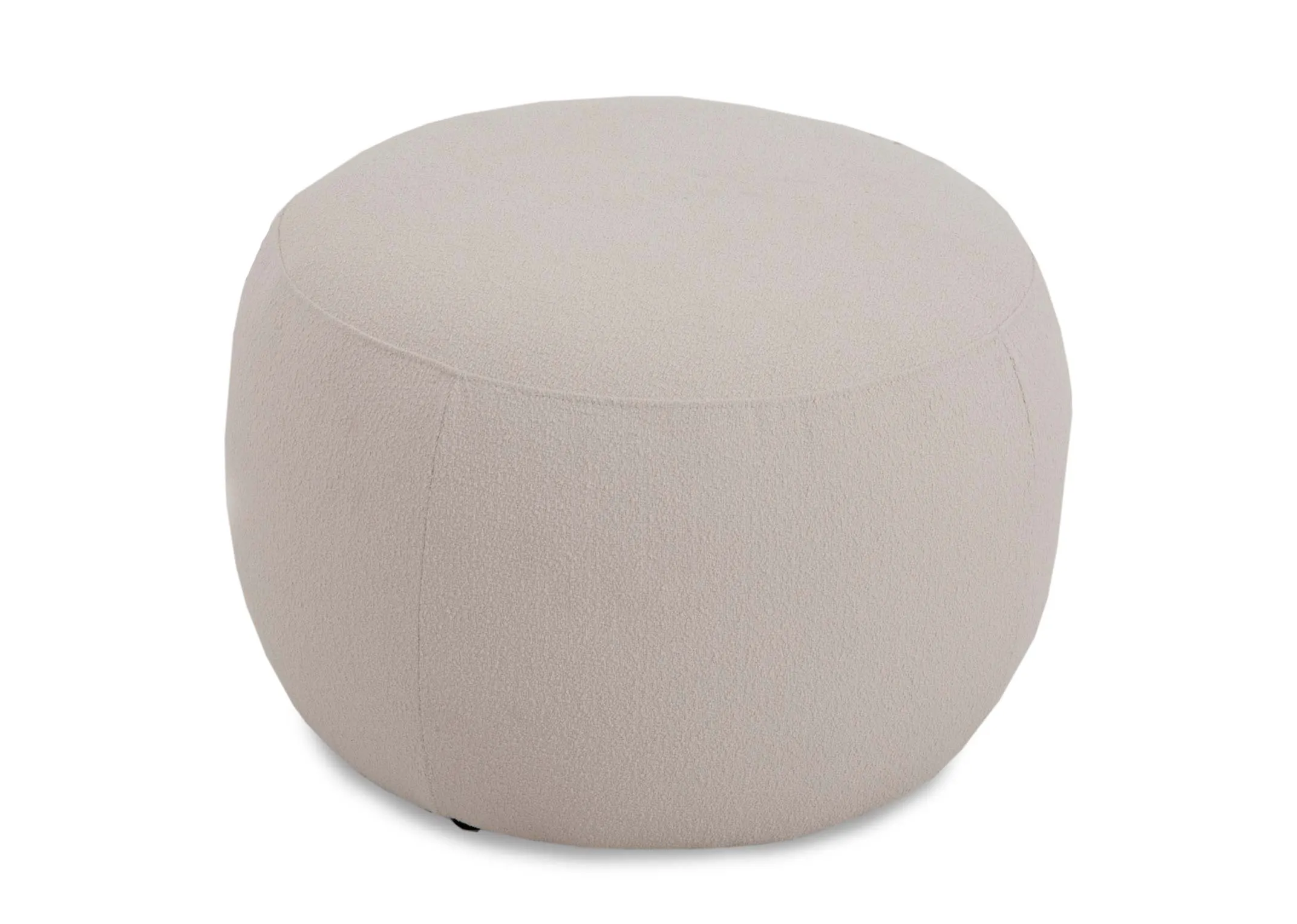 An off white round footstool from EZ Livings Florance range. Angled view of boucle fabric.