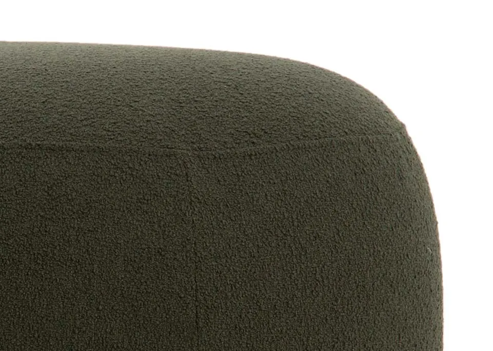 A green round footstool from EZ Livings Florance range. Closeup of boucle fabric.