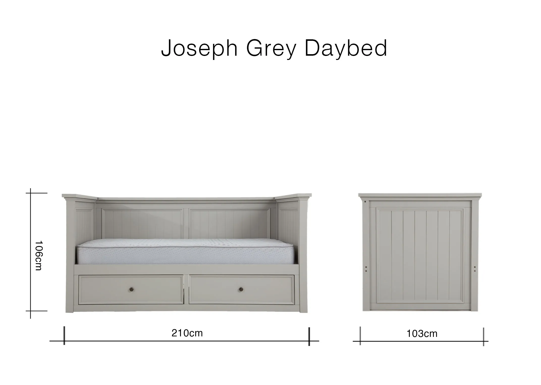 A dimension image of the Joseph Daybed wirh 210cm x 103cm x 106cm