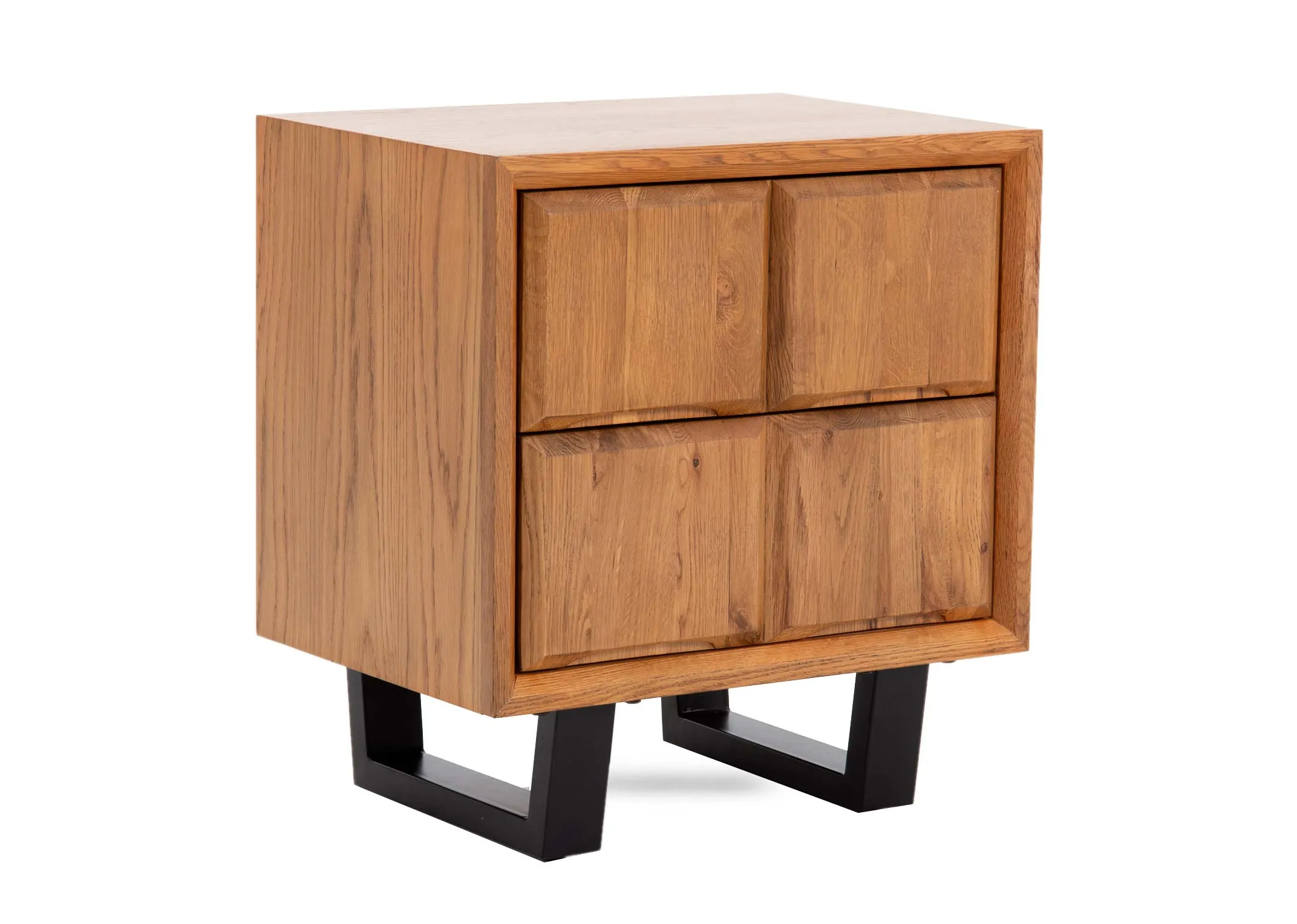 A 2 drawer oak locker from EZ Livings Strasbourg range. Angled view of four square fascia on drawers.