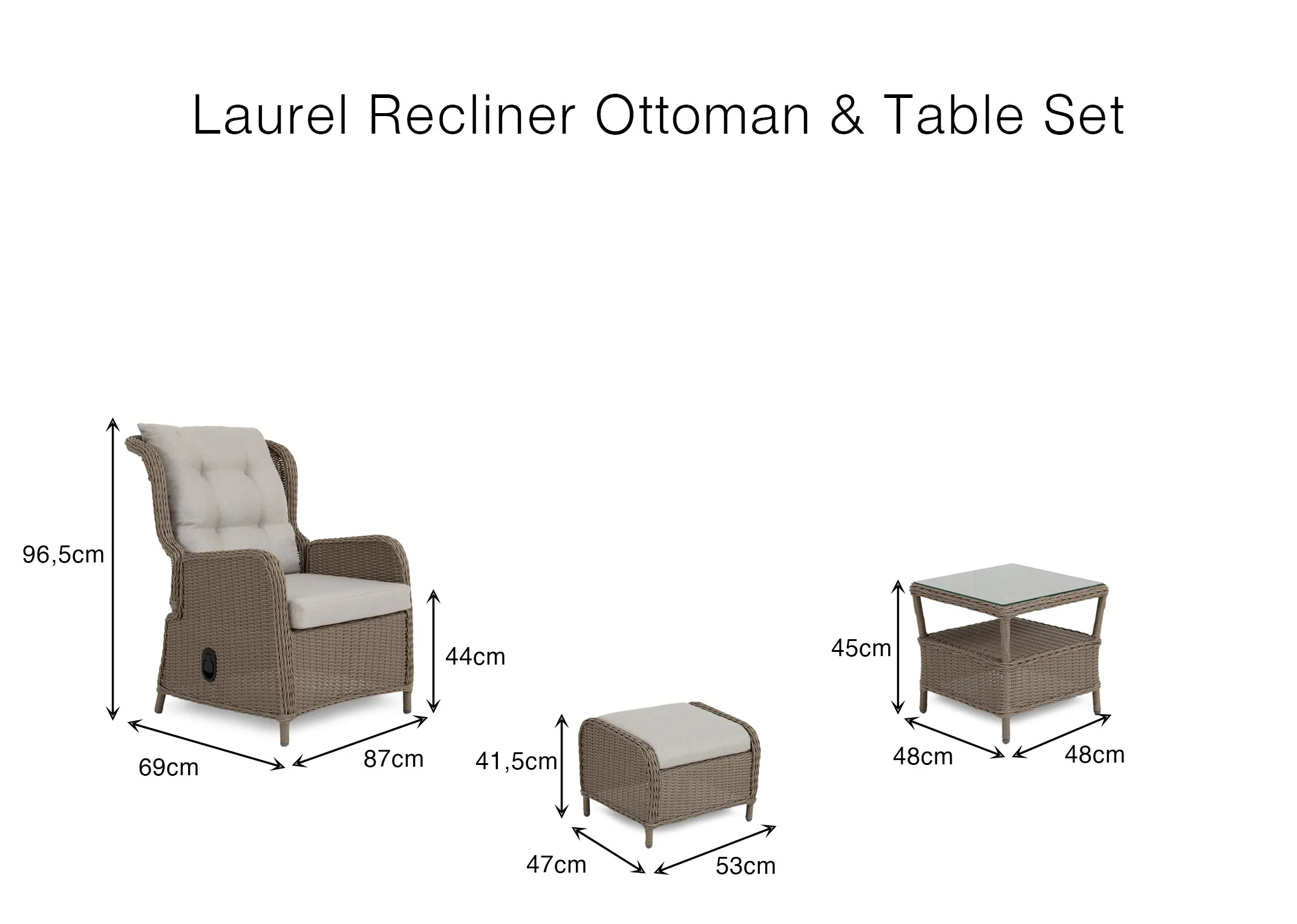 A dimension image of the Laurel Recliner with 87cm x 69cm x 96.5cm table 45cm x 46cm and ottoman 47cm