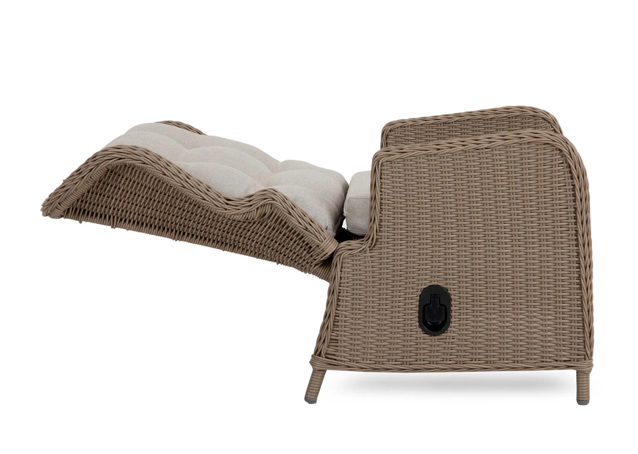 A side view of the wicker recliner with in full lay back mode.