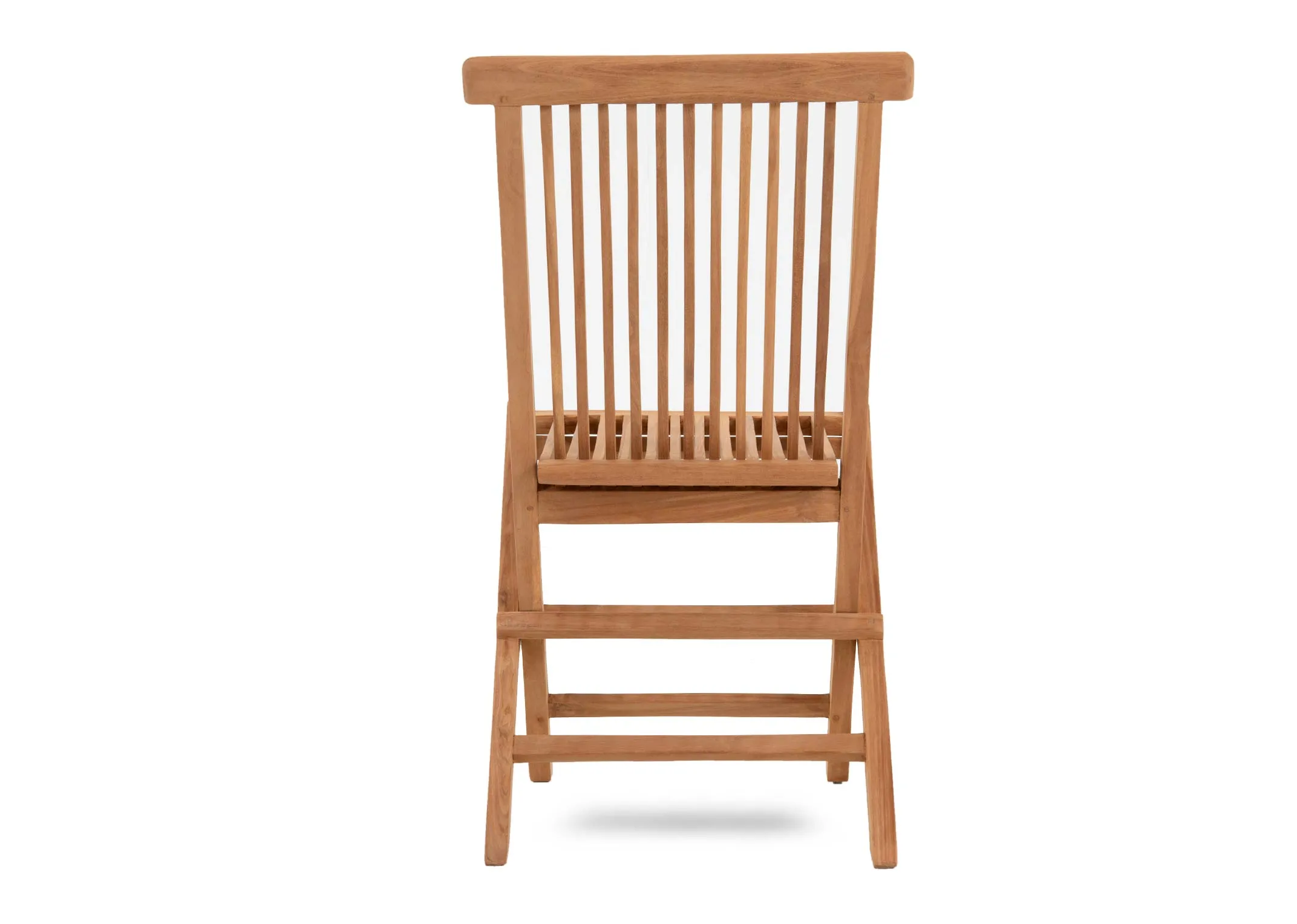 A set of 2 teak foldable chairs and coffee table from EZ Livings Lagos range. Back view of chair