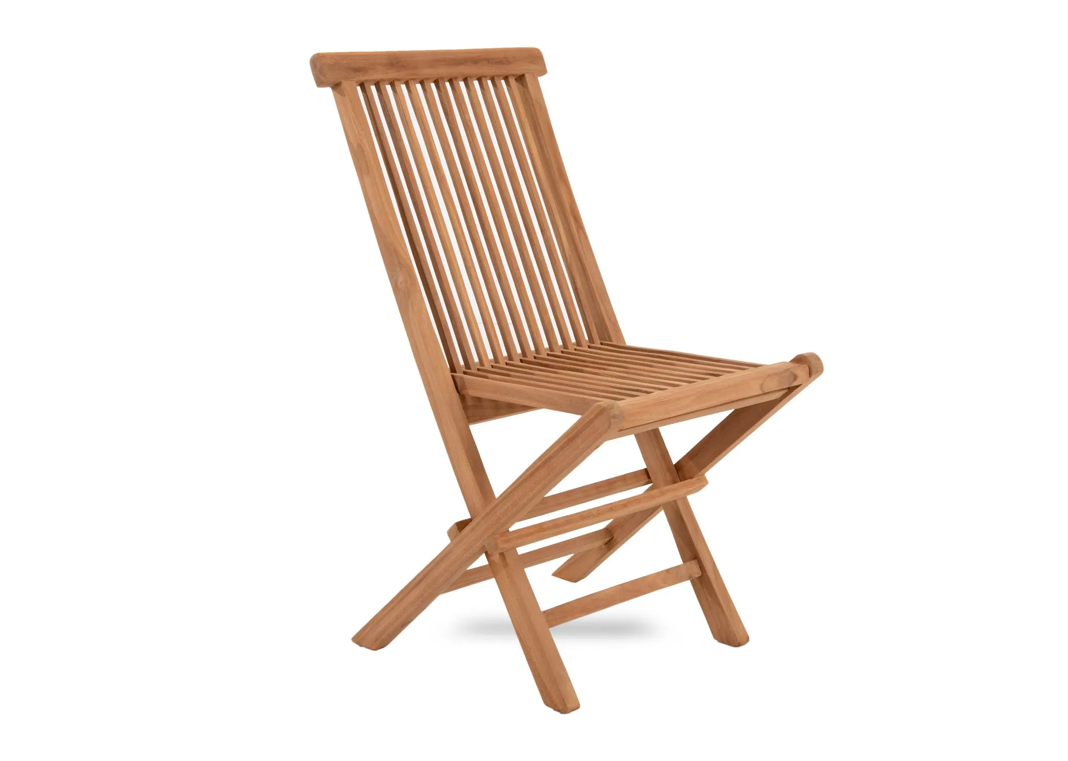 A set of 2 teak foldable chairs and coffee table from EZ Livings Lagos range. Angled view of slat wood chair.