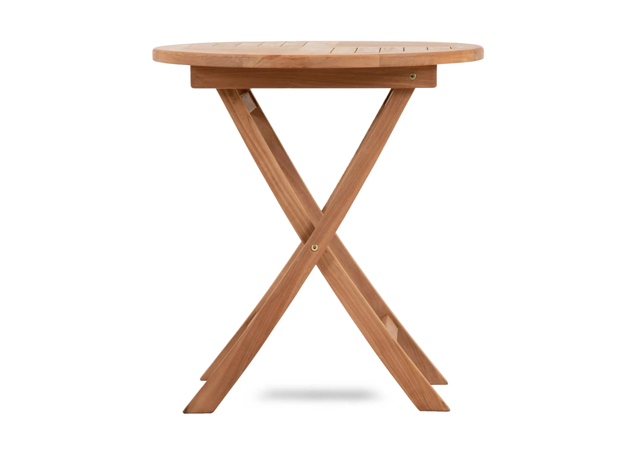 A set of 2 teak foldable chairs and coffee table from EZ Livings Lagos range. Side view of folding legs on tables