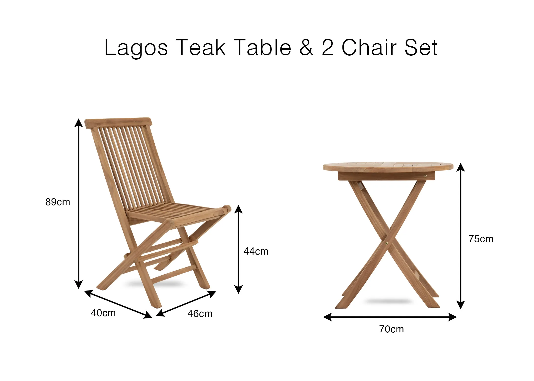 A dimension image of the Lagos Set For 2 with chair 46cm x 89cm table 70cm x 75cm