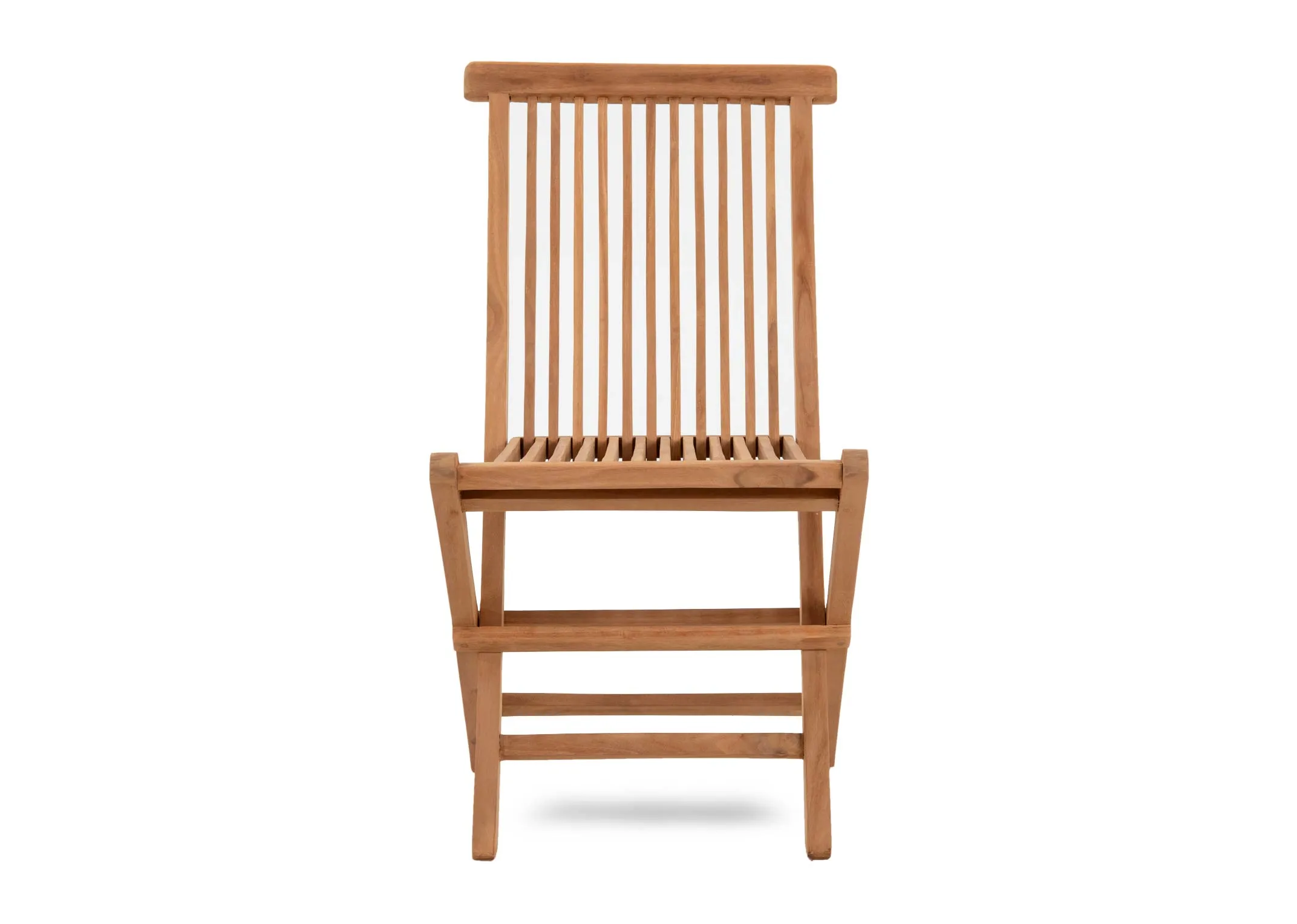 A set of 2 teak foldable chairs and coffee table from EZ Livings Lagos range. Front view of slat back