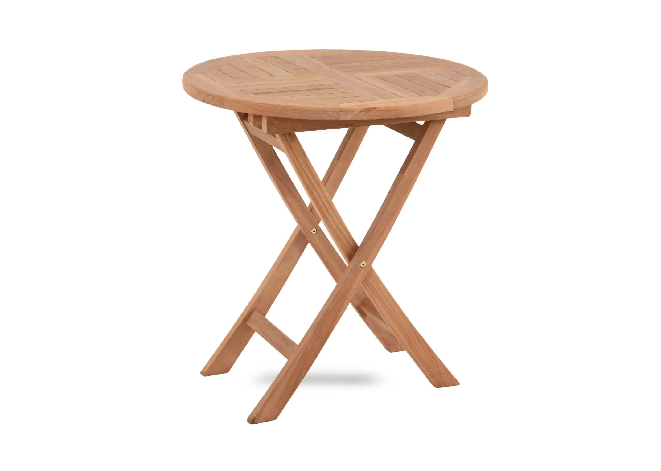 A set of 2 teak foldable chairs and coffee table from EZ Livings Lagos range. Front veiw of round bistro table