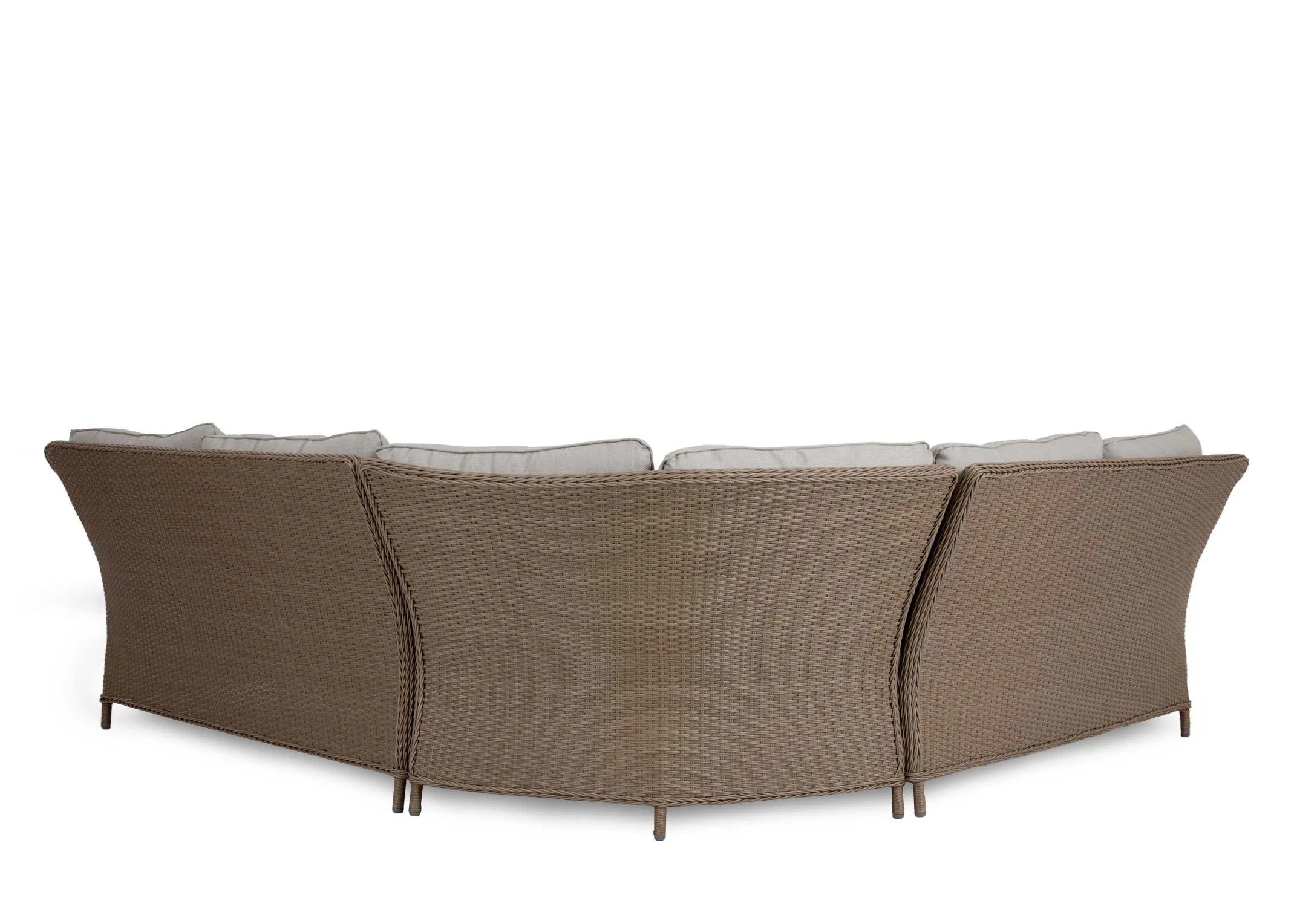 A wicker corner garden sofa with a square dining table & 2 ottoman benches from EZ Livings Marbella range. Angled view of ottoman bench.