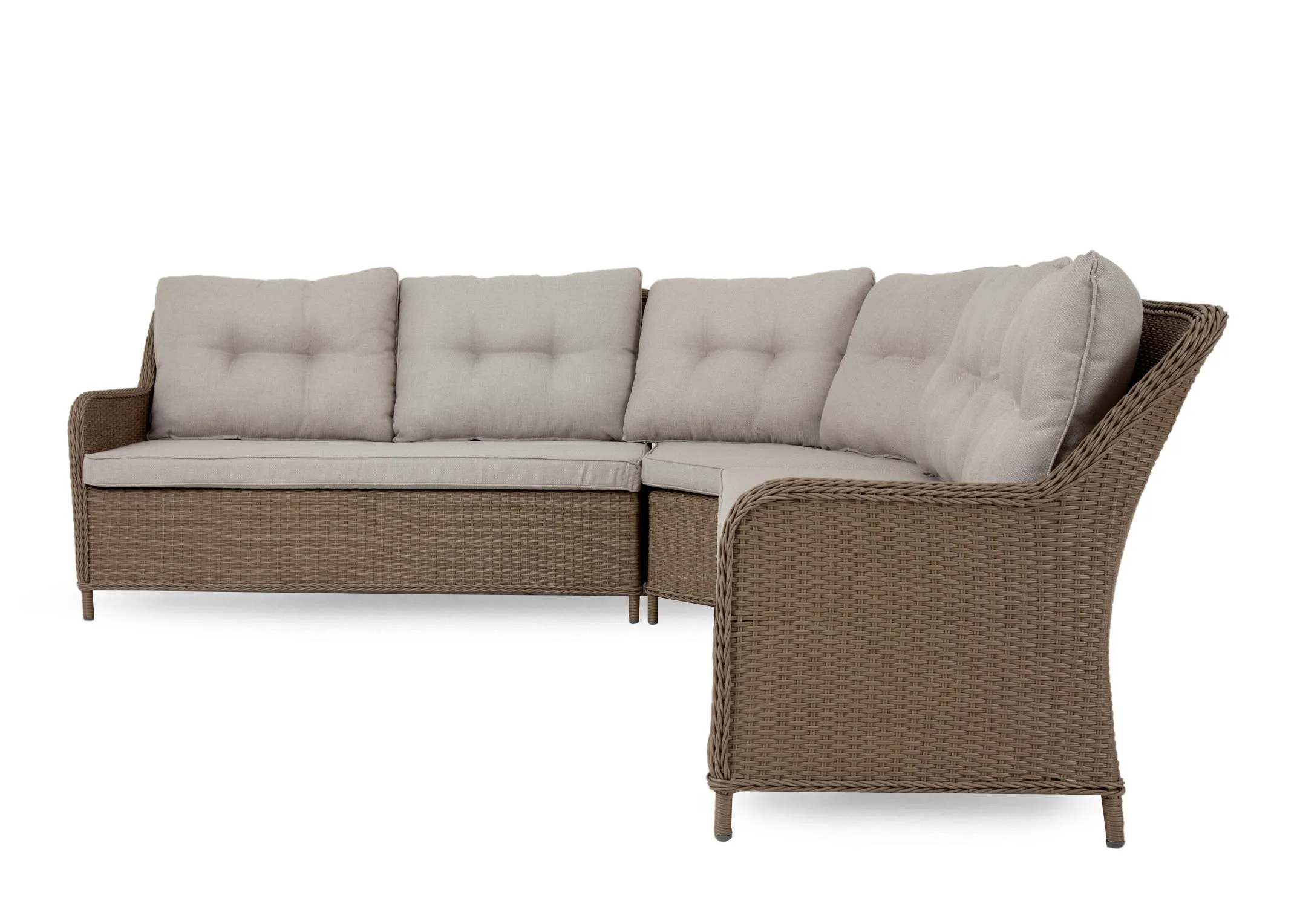 A wicker corner garden sofa with a square dining table & 2 ottoman benches from EZ Livings Marbella range. Front veiw of 2 seater corner and 2 seater configuration.