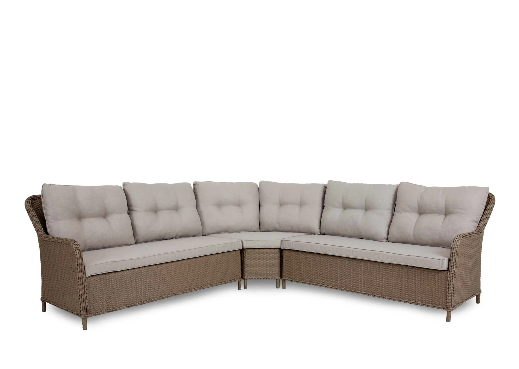 A wicker corner garden sofa with a square dining table & 2 ottoman benches from EZ Livings Marbella range.Back view of wicker frame