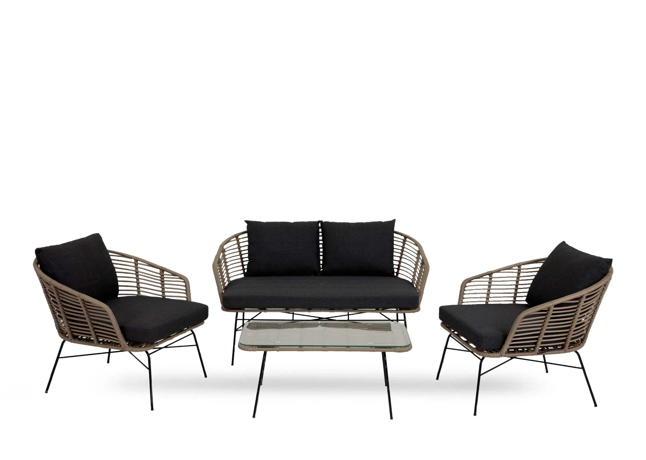 A wicker sofa & 2 armchairs with coffee table lounge set from EZ Livings Tangier range. Angled view of lounge set.