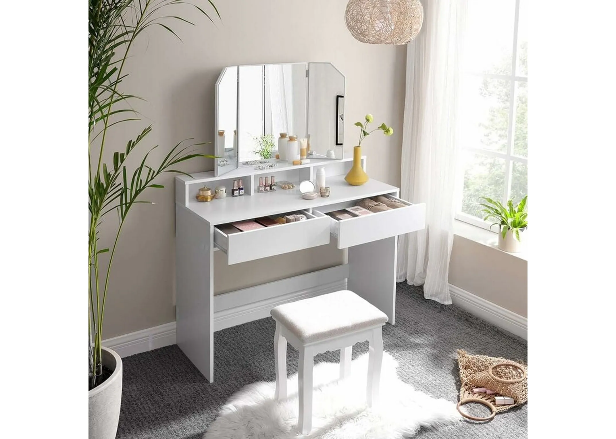 2 Drawer White Dressing Table with Tri Fold Mirror - Nami