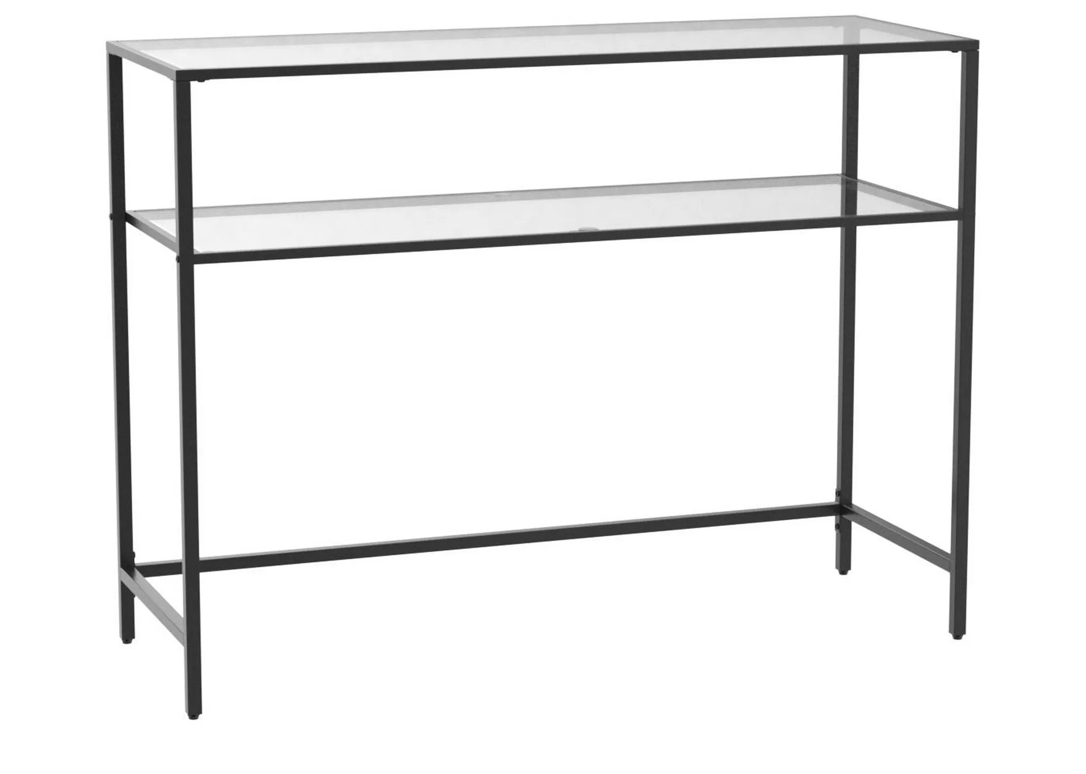 A black metal console table with glass shelves from EZ Livings Zafon range. Angled view of 2 large shelves.