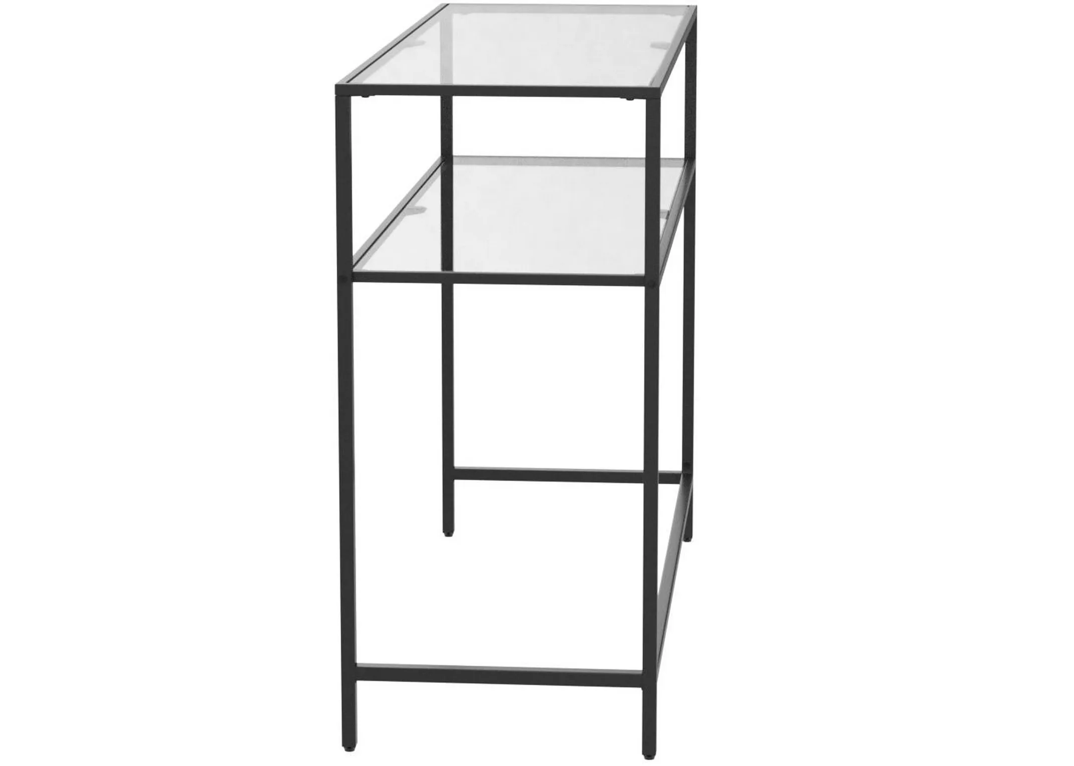 A black metal console table with glass shelves from EZ Livings Zafon range. Angled view of side