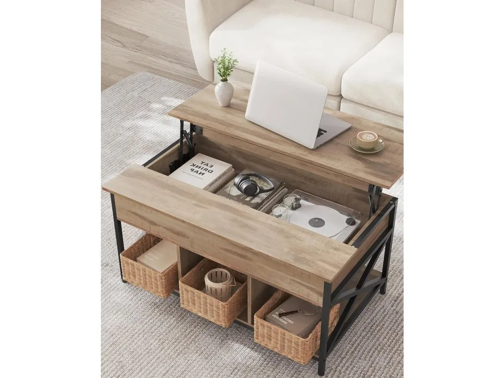 A lifestyle image showing the Ezra coffee table from above with storage being used inside table for laptop and books.