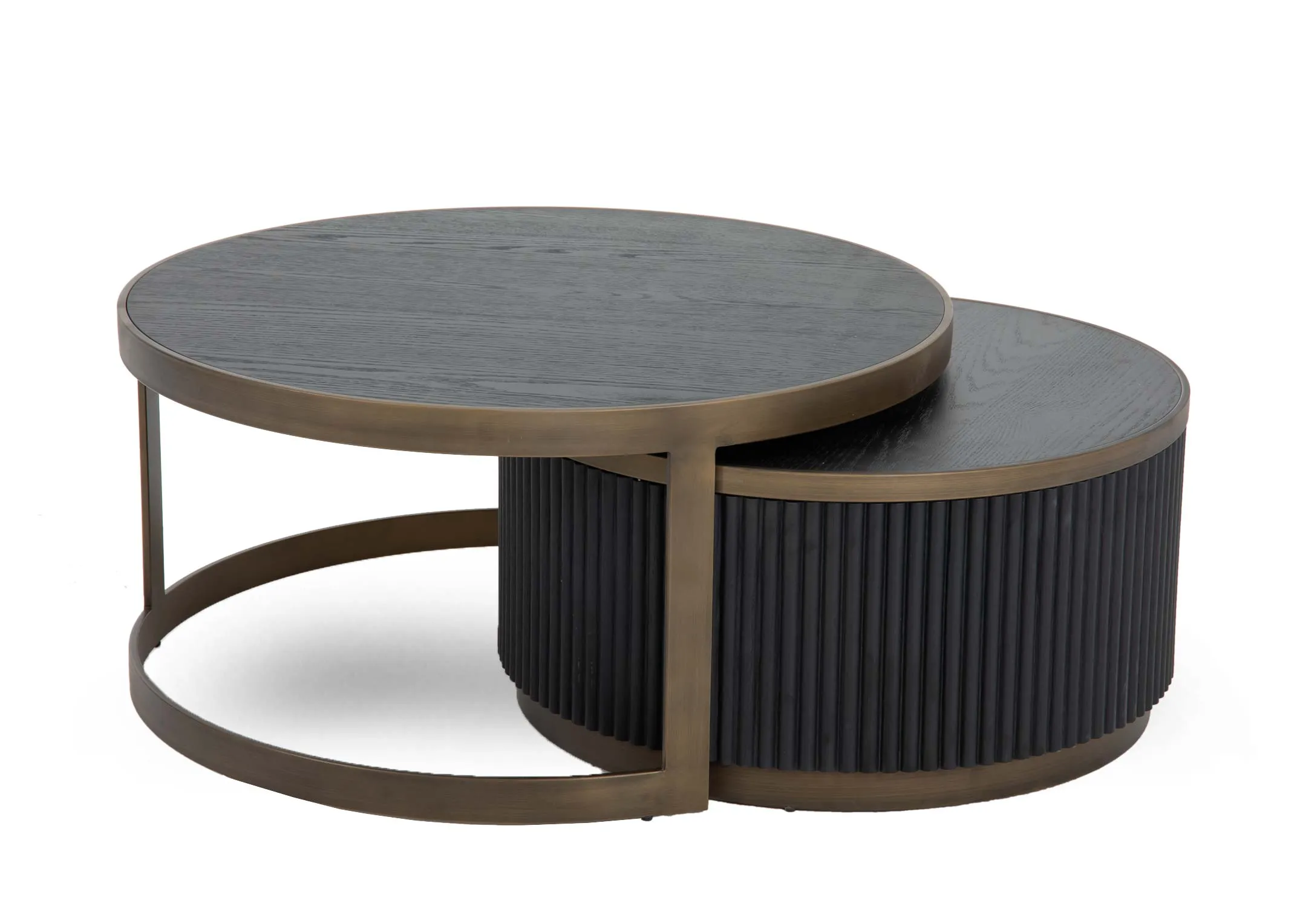 A nest of 2 round tables one inserted into the other from EZ Livings Palm range. Angled view of gold frame and black oak top.