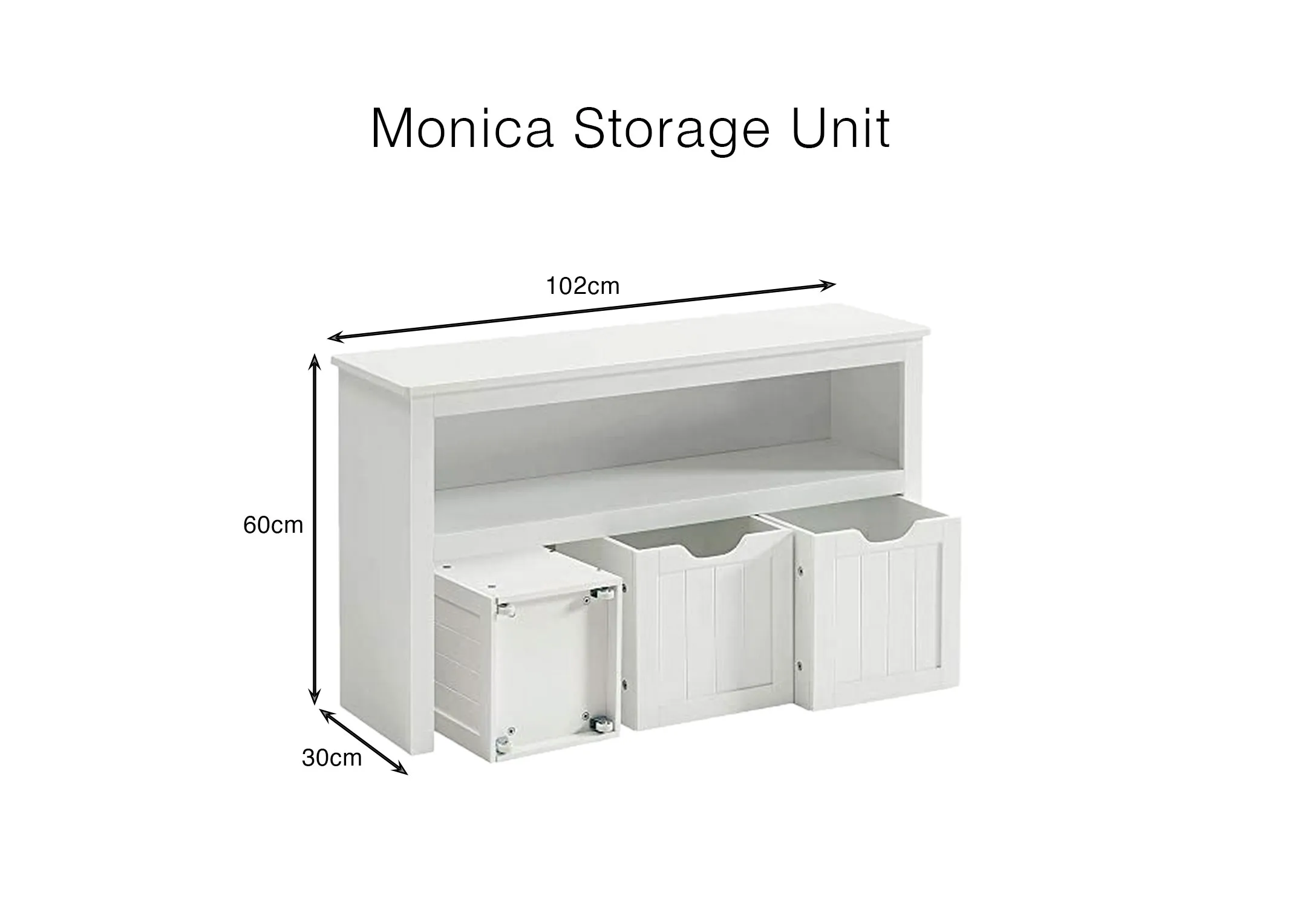 A dimension image of the Monica Storage Unit with 102cm x 30cm x 60cm