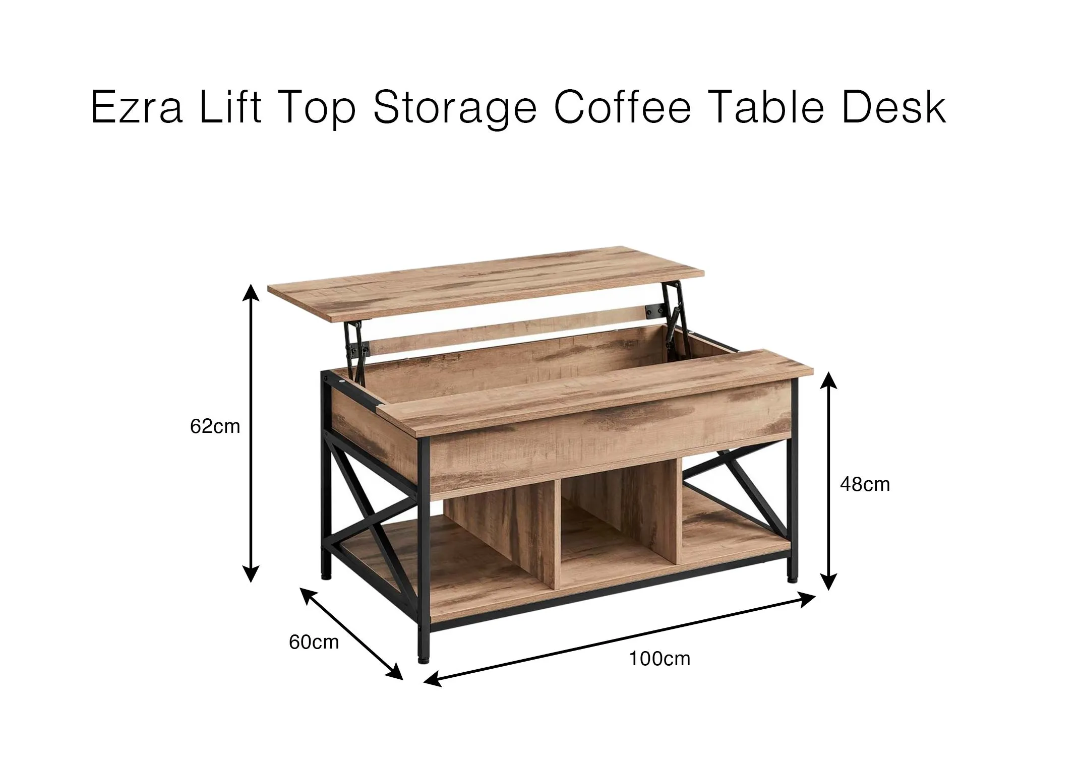 A dimension image of the Ezra Coffee Table with 100cm x 60cm x 48cm