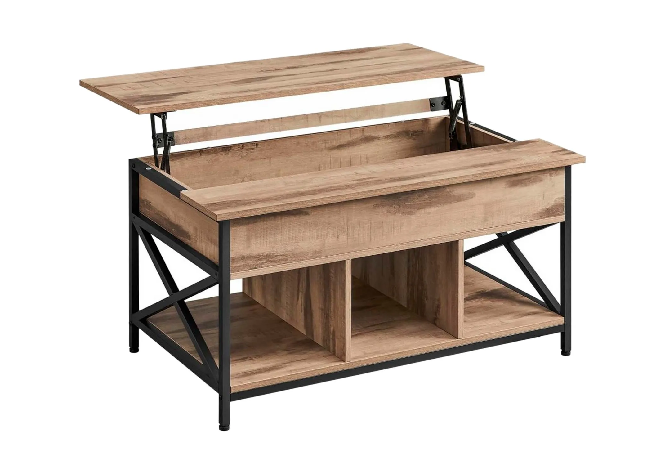A wood & metal coffee table with lift top from EZ Livings Furnitures Ezra range. Angled view of tabletop open showing storage.