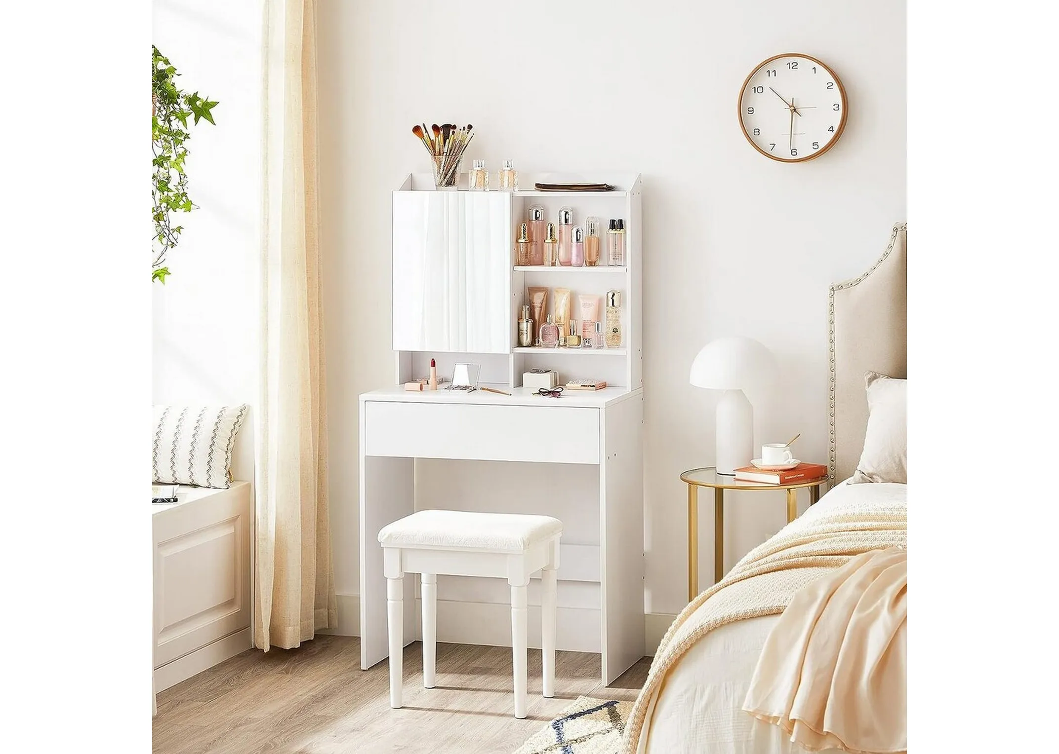 A white 1 drawer dressing table from EZ Livings Nico range. Angled view of the mirror and 4 shelves.