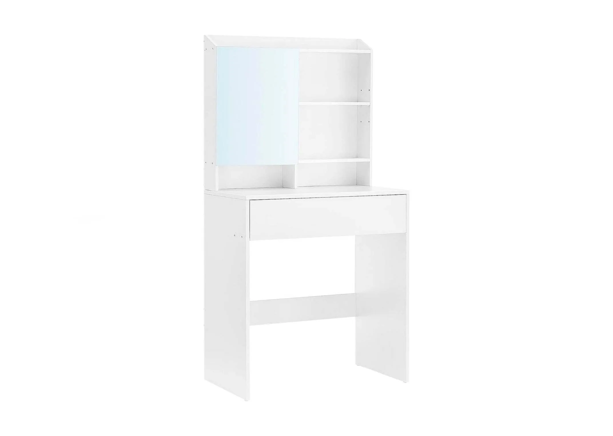A white 1 drawer dressing table from EZ Livings Nico range. Angled view of the mirror and 4 shelves.