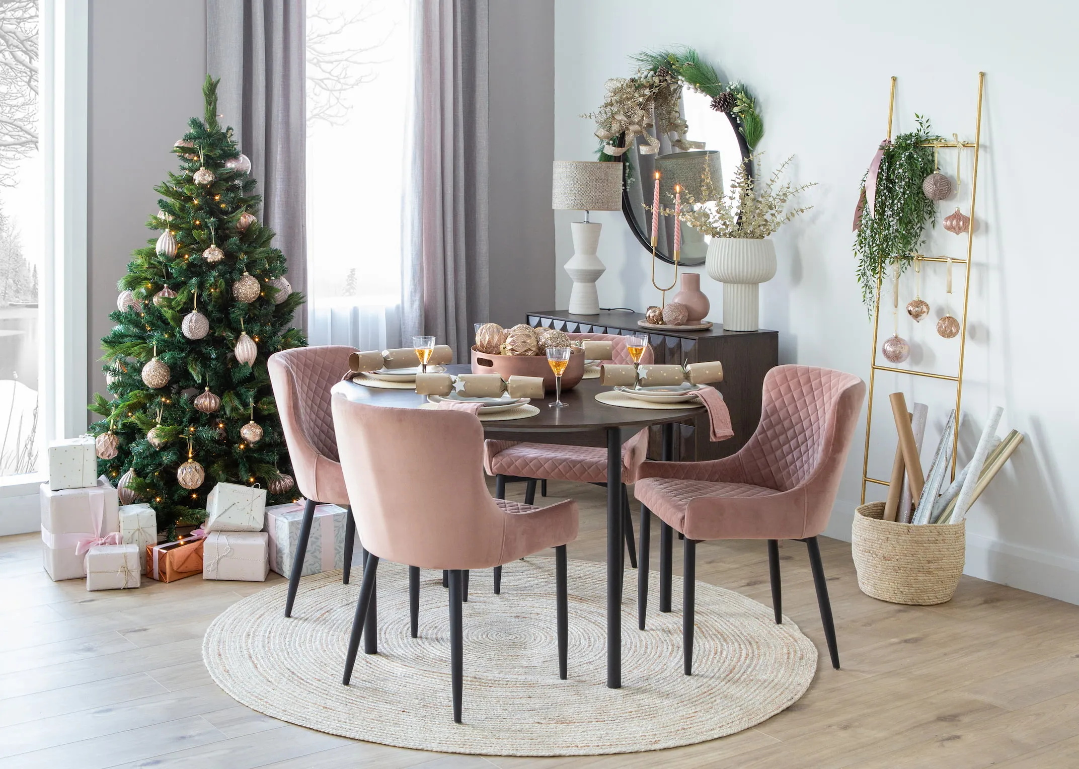 A lifestyle image of the Latina table & sideboard with Sherwood tree