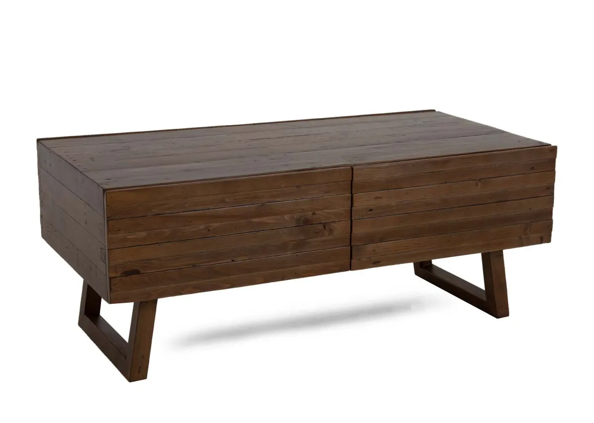 A rich cashew wood coffee table from EZ Livings Ladder range. Angled view or pallet style fascia