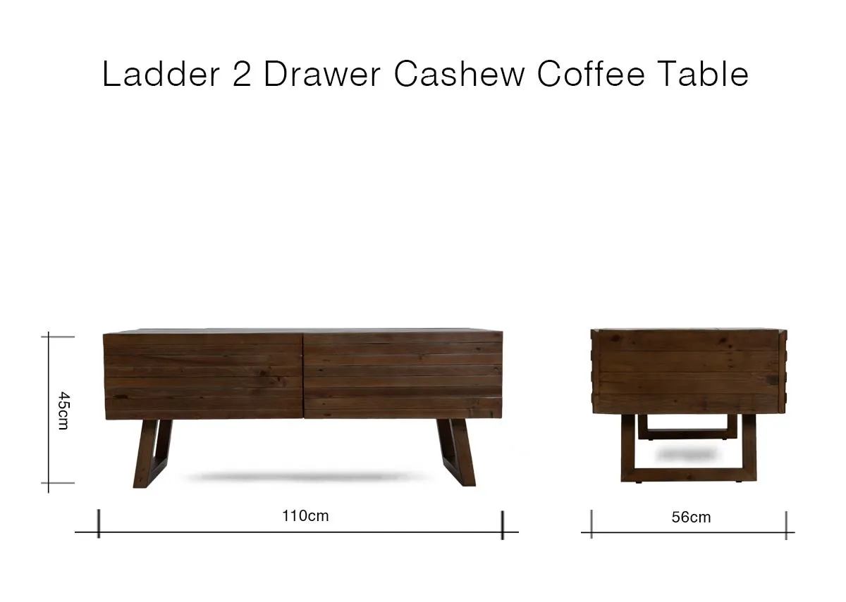 A dimension image of the Ladder Cashew Coffee Table with 110cm x 56cm x 45cm
