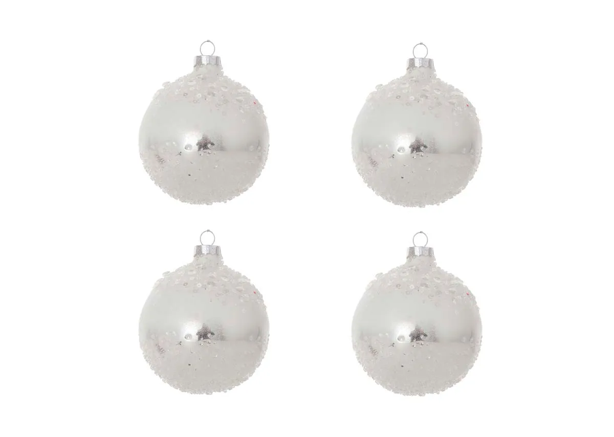 Set Of 4 White Silver Baubles - Joy to the World