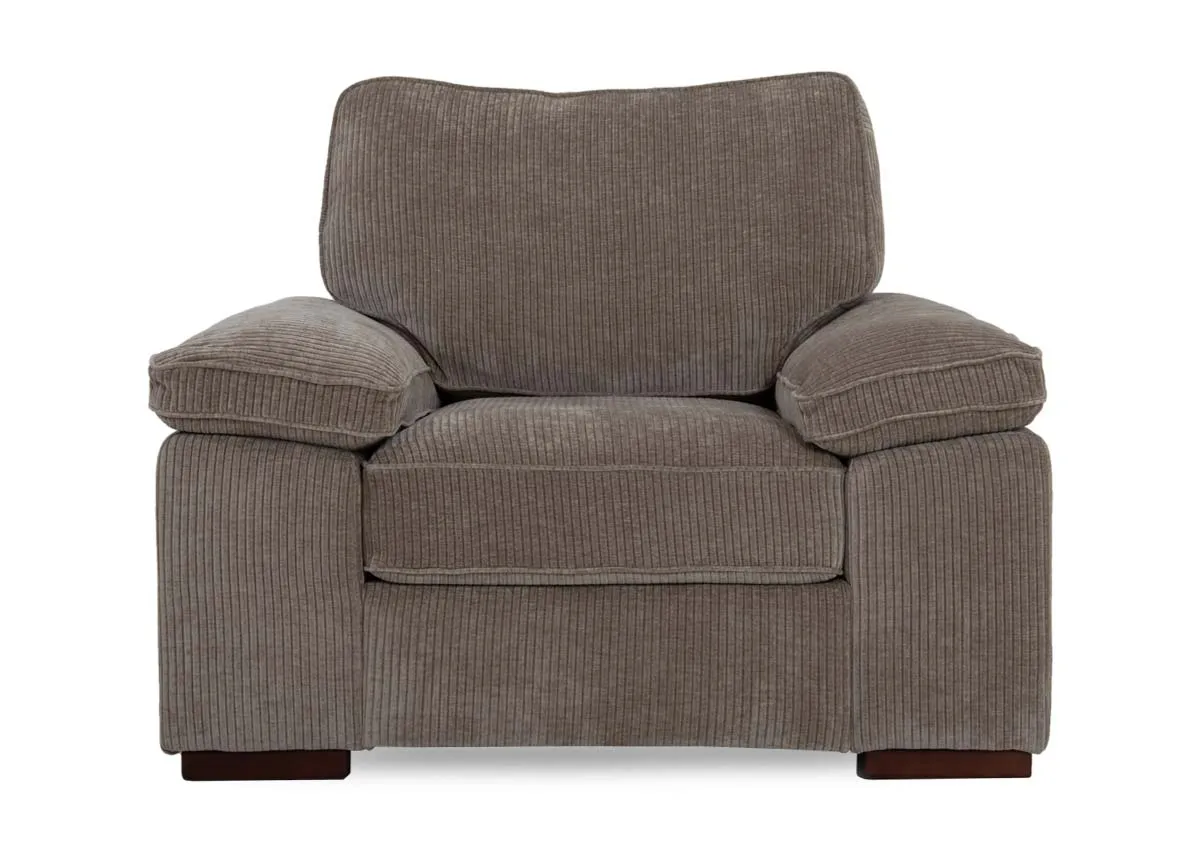 A beige cord fabric armchair from EZ Livings Westport range. Front view of dark feet.