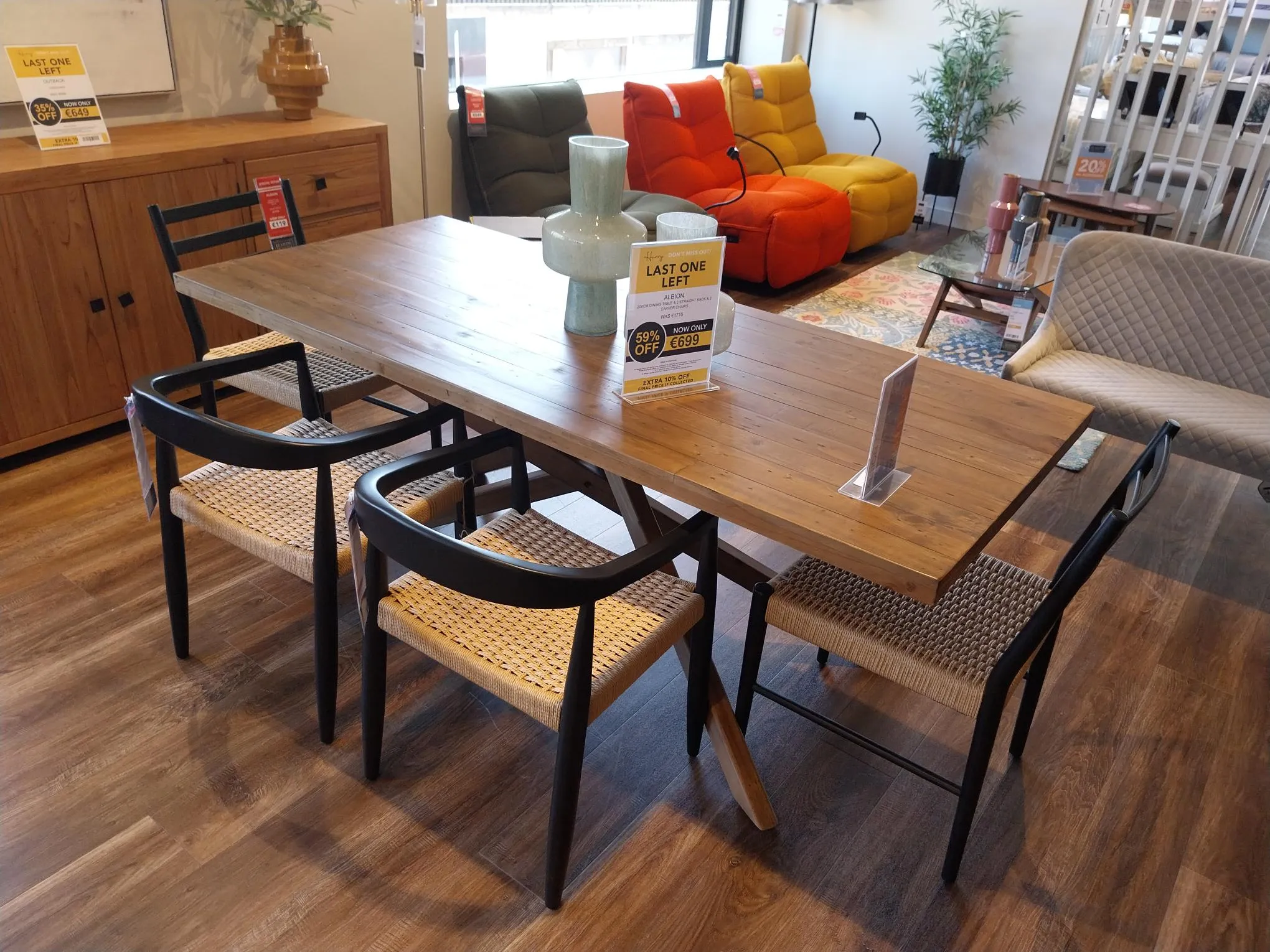 Albion 200cm Reclaimed Wood Dining Table & 4 x Black Dining Chair With Woven Seat (Galway Floor Model)