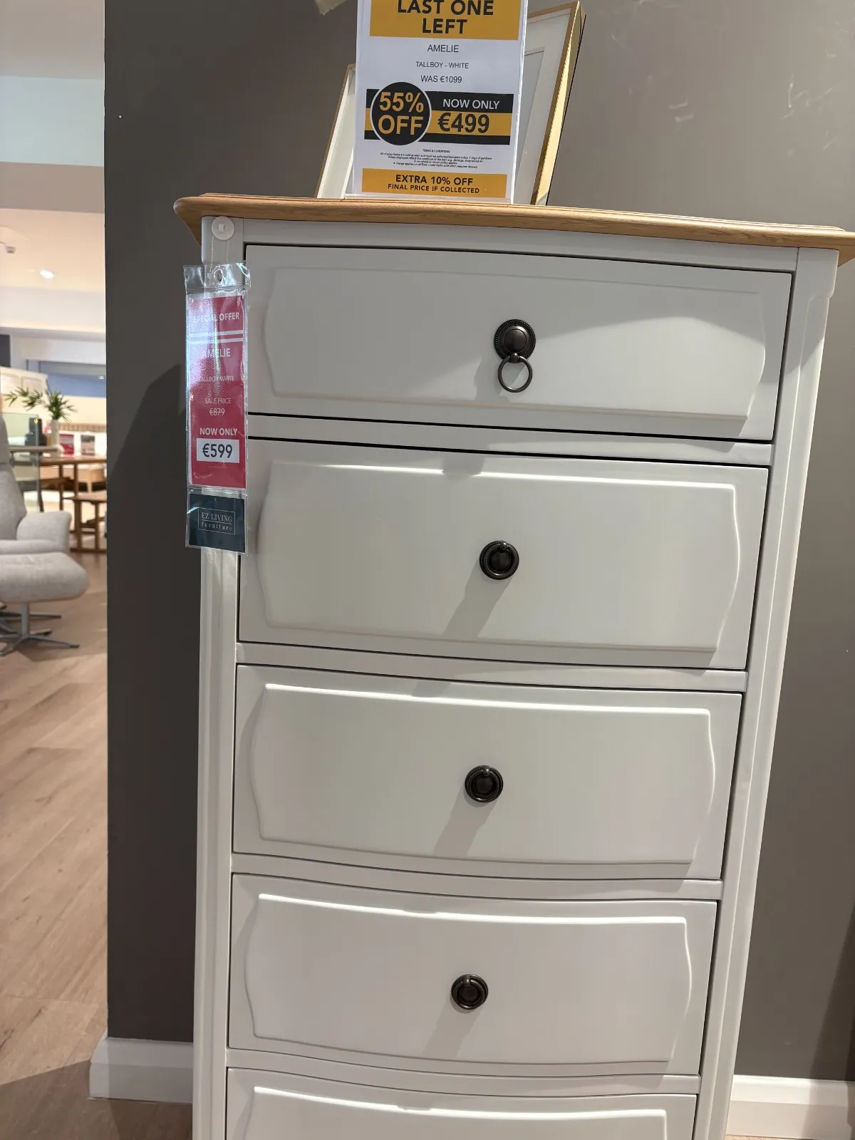 Amelie - 5 Drawer White & Oak Top Tallboy (Tallaght Floor Model)