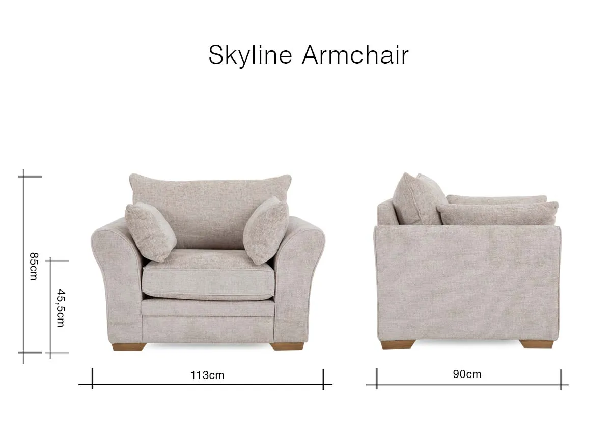 A dimension image of the Skyline Armchair with 113cm x 90cm x 85cm