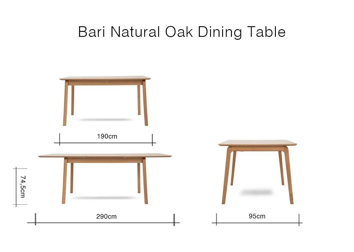 A dmension image of the Bari Natural Oak Dining Table with 190cm - 290cm x 74.5cm x 95cm