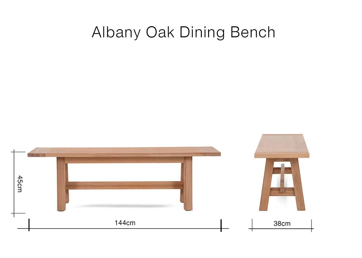 A dimension image of the Albany Bench with 144cm x 38cm x 44cm