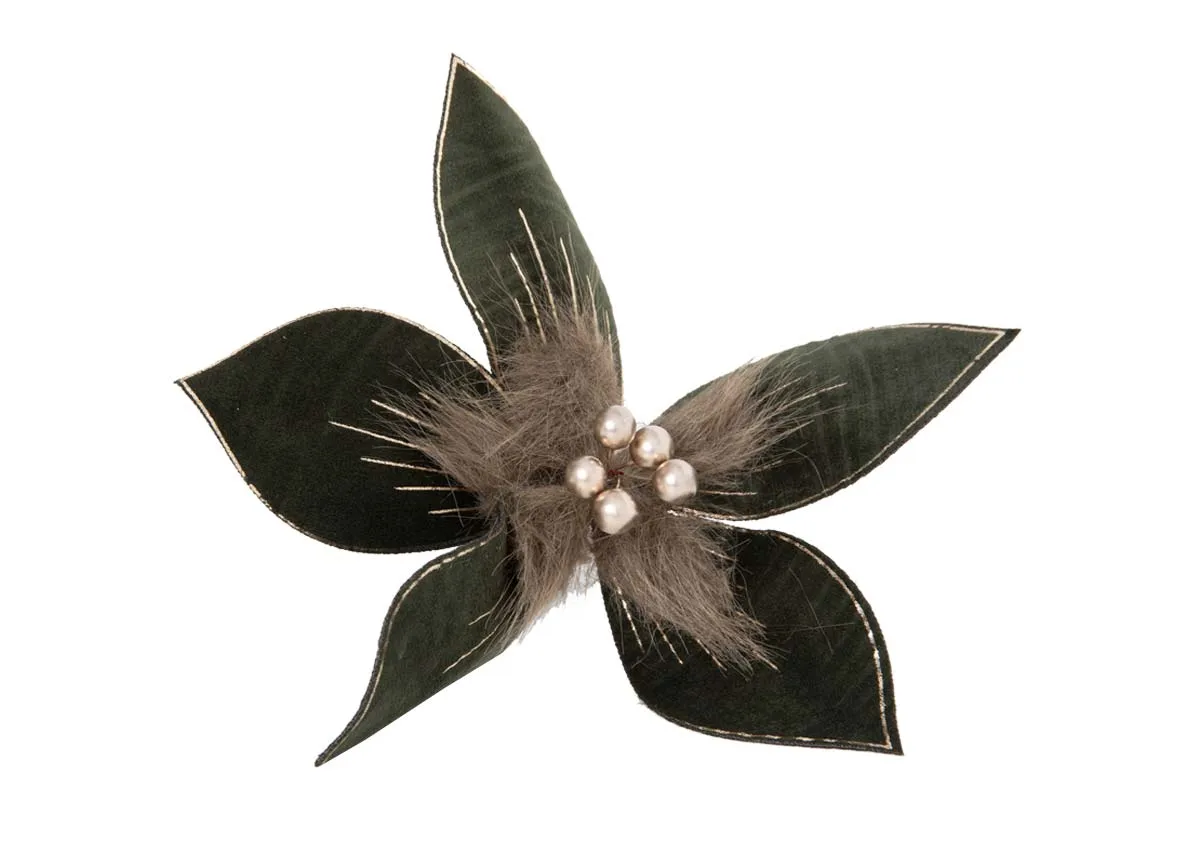 A dark green flower bauble with fine gold trim from EZ Livings Christmas range. Front view of fur and beaded centre.