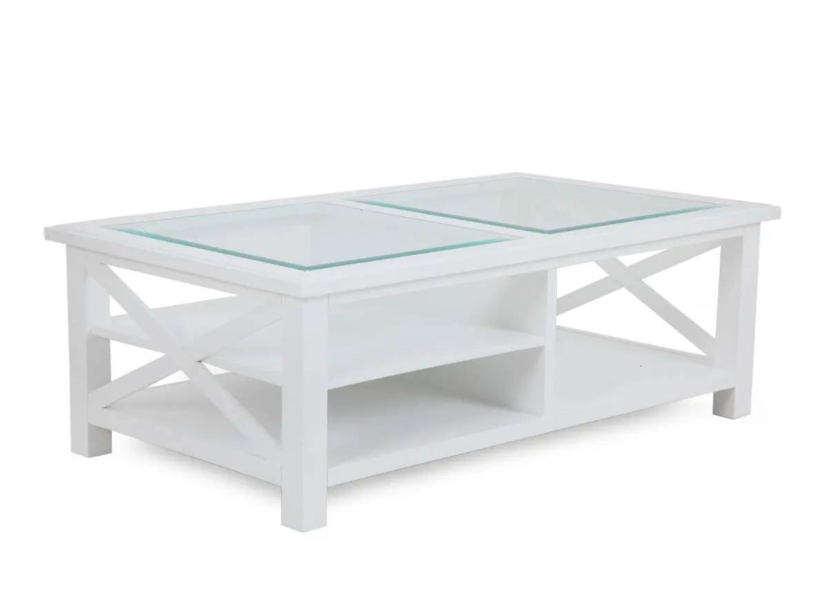 White Coffee Table with Glass Top - Hampton