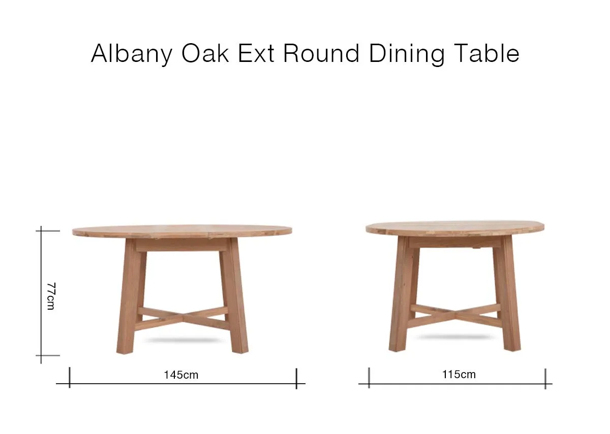 A dimension image of the Albany Round Dining Table with 145cm x 115cm x 77cm