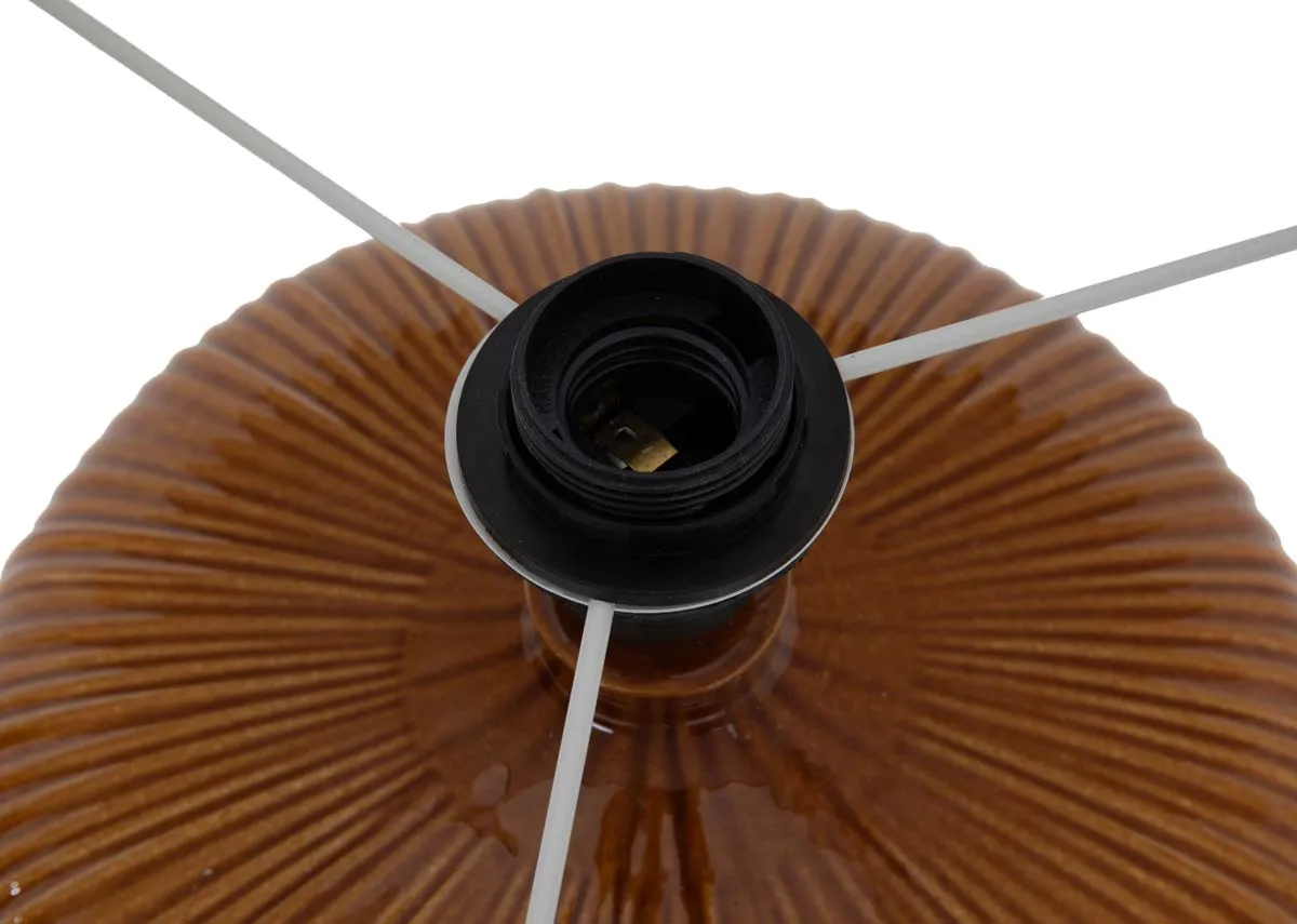 A glossy brown table lamp with white shade from EZ Livings Bann range. Closeup of e27 bulb holder