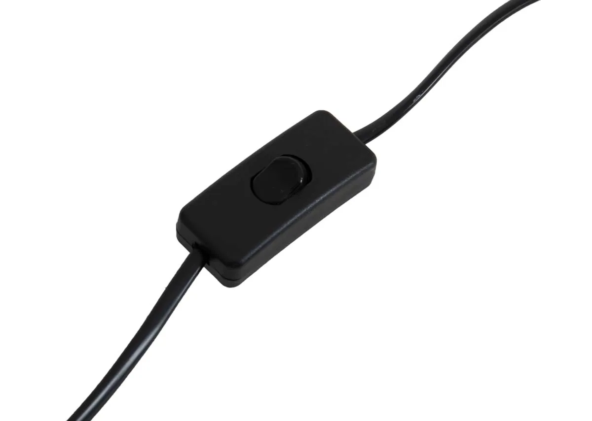 A glossy brown table lamp with white shade from EZ Livings Bann range. Closeup of black inline switch