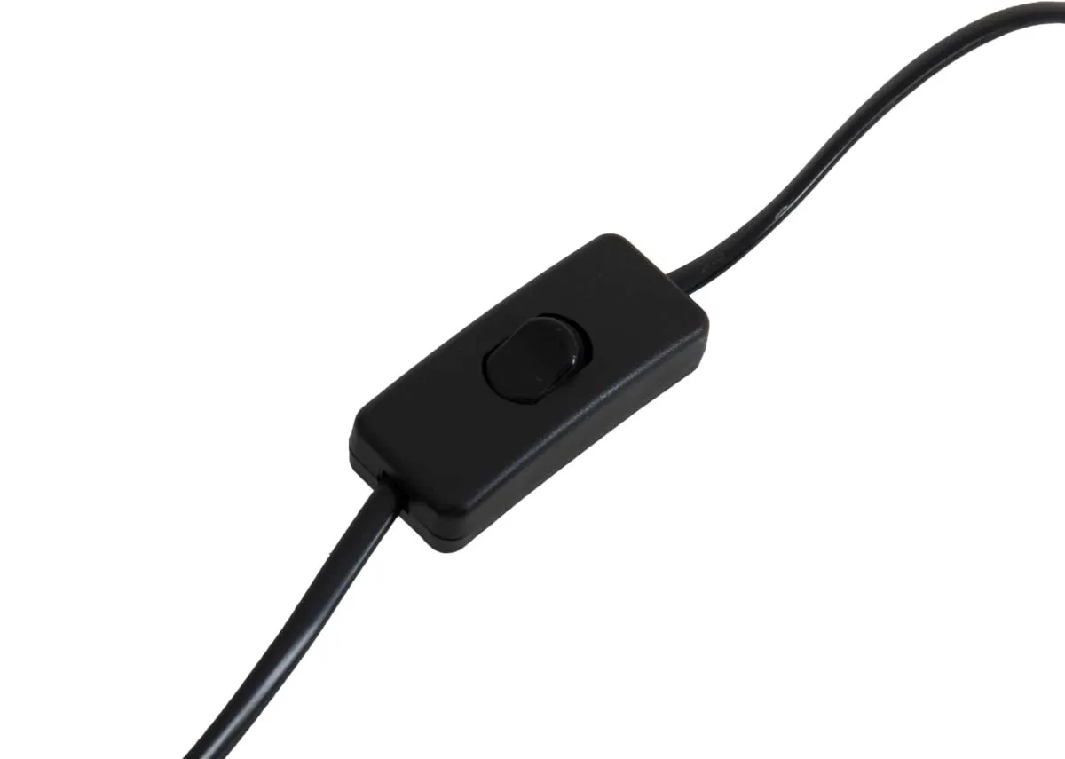 A black table lamp with black shade from EZ Livings Blackwater range.Closeup of black inline cable switch.