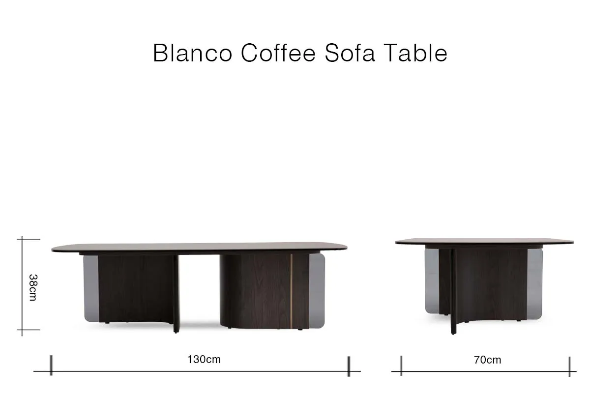 A dimension image of the Blanco Coffee table with 130cm x 70cm x 38cm
