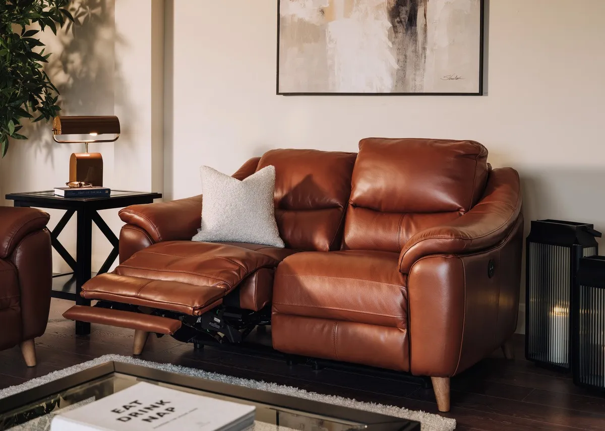 2 Seater Brown Leather Power Reclining Sofa - Blaze