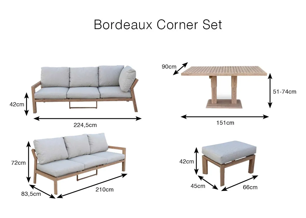 A dimension image of the Bordeaux Corner set with 224cm 210cm x 72cm Sofa 151cm x 74cm Table